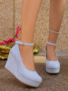 女士厚底高跟鞋，春秋新款低帮透气防滑搭扣防水加厚鞋底时尚增高鞋，适合娇小身材 - 藍色 - 查看 3