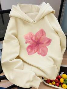 女士冬季花卉图案长袖抽绳卫衣，带口袋，休闲宽松百搭，适合假日穿着，时尚冬季女装，日常穿着也十分合适。 - 淺杏 - 查看 6