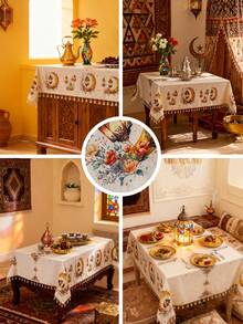 1pc Beige Tablecloth, Bohemian Style With Gold Moon, Stars, Lanterns And Floral Pattern, Washable, Rectangular Tablecloth For Dining Table, Coffee Table, Suitable For Home, Kitchen, Dining Room, Living Room, Meals, Gatherings, Parties, Themed Celebrations, Islamic Holidays Decor, Gifts - Multicolor - View 3