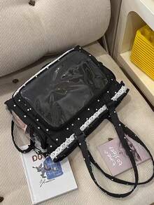 1个可爱波点蕾丝边单肩包，多功能休闲手提包，透明分层设计，大容量，适合日常使用，也适合动漫/漫展等场合。 - 黑色 - 查看 9