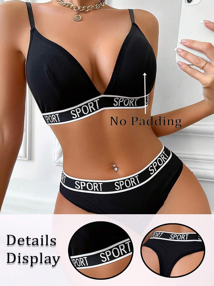 2pcs/Set Women's Wireless Non-Underwire Sport Bra & Panty Set, For Small Bust Girls - Black - View 1