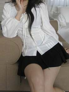 French Style Puff Sleeve 3/4 Sleeve Bowknot Waist Slim Fit Blouse For Women - White - View 5