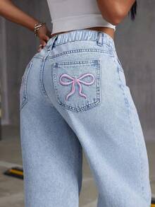 Tween Girls' Loose Fit Casual Flared Jeans With Butterfly Embroidery, Comfortable And - 淺色水洗藍 - 查看 2