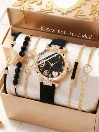 Conjunto de 6 piezas de reloj de pulsera de mujer con correa de piel de poliuretano negro, esfera con escala digital, flores y cristales, estilo casual y elegante, ideal para uso diario, decoración o regalo de vacaciones