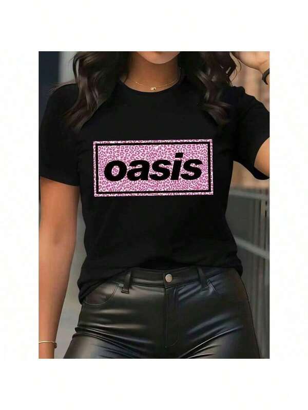 Women'S Casual Black T-Shirt With Pink & White "Oasis" Print - Short Sleeve, Crew Neck, Stretchy Polyester Blend, Perfect For Spring/Summer, Everyday Tshirt |   Relaxed Fit Shirt |   Comfortable Fit It Is Preferred With Jeans, Slacks, And Beach Pants