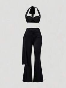 女士两件套，露背上衣和紧身裤，性感修身套装，适合约会、度假，时尚百搭 - 黑色 - 查看 6