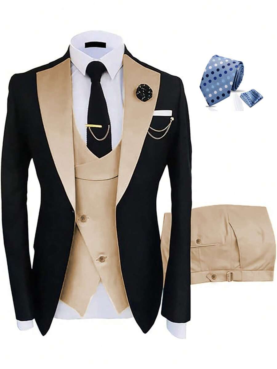 Tuxedo For Men 3 Piece Men's Suits Slim Fit Mens Suit Double Breasted Tux Blazer Vest Pants Wedding Suits Man - Champagne with Tie - 查看 1