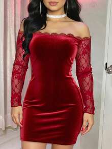 ChicMe Women's Lace Patchwork Off-Shoulder Long Sleeve Ruched Velvet Bodycon Mini Party Cocktail Dress For Holiday, Date - Red - View 4