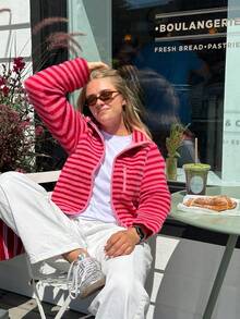 Womens Winter Fleece Jacket Casual Stylish Striped Zip Up Lapel Neck Long Sleeve Coat - 粉色 - 查看 3