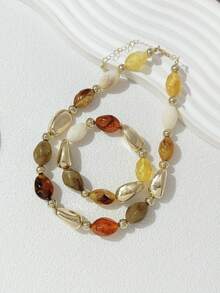 2pcs Vintage Bohemian Style Multicolor Acrylic Beaded Necklace & Bracelet Jewelry Set For Women - Multicolor - View 6
