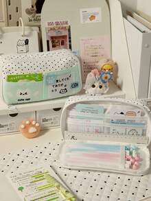 1个波点音乐铅笔盒，可爱小猫卡通波点星星风格文具收纳袋，学生返校礼物办公用品 - 彩色 - 查看 10