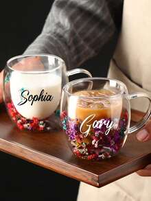 Handmade Glass Mug With Real Dried Flowers, Personalized Floral Glass Cup, Plant-Themed Drinkware Set, Customizable With Name Text, Coffee/Tea Cup, Multi-Functional, Durable, Elegant, Reusable, Refined, Fashionable, High-Quality, Colorful, Modern, Customizable, Personalized, Unique, Ideal Gift For Him - Multicolor - View 2