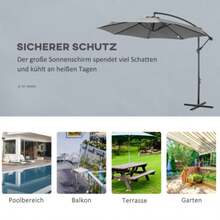 Outsunny Crank Parasol With Steel Frame And Polyester Canopy, Grey, Ø 2.95 X 2.45 M, For Garden, Terrace, Balcony