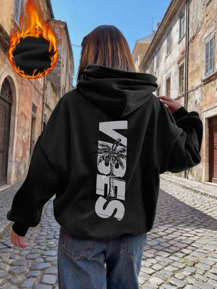 女士印花长袖抽绳连帽卫衣，带口袋，休闲宽松套头衫，时尚冬季服装，适合日常穿着，黑色度假款