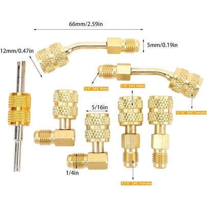 EstiloKit Adaptador R410A, Mini Aire Acondicionado Dividido, Latón, Kit Adaptador de 5/16 a 1/4 Pulgadas con Extractor de Núcleo de Válvula para Manguera de Refrigerante HVAC,Versión mejorada