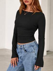 Fall New Arrival Women's Long-Sleeve Top Crop-Top Style Casual Outerwear Boat Neck With Bell Sleeves Ribbed Pleated Design Millennial-Inspired Fashion - 黑色 - 查看 4