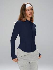 FWH 女士时尚设计小立领户外跑步瑜伽运动休闲风面料舒适弹力视觉塑形收腰基础百搭青春防晒运动夹克长袖春季 - 藏蓝色 - 查看 4