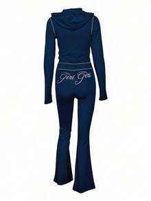 FQLWL Women's Casual Street Style Tracksuit, Printed Zip-Up Hoodie And Pants Set, Long Sleeve 2-Piece Outfit Spring - Navy Blue - View 6