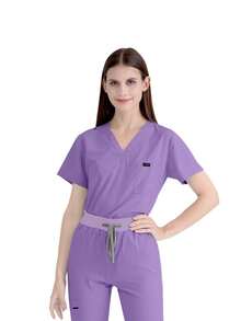 Women's Workwear Set - V-Neck Top And Sports Pants With Zipper Side Pockets, Anti-Pilling Breathable Uniform
