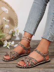 女士新款圆头套脚平底拖鞋，简约搭扣平底凉鞋，时尚简约平底凉鞋，舒适休闲旅行沙滩鞋，有白色、棕色、黑色、豹纹、花卉图案可选 - 彩色 - 查看 2