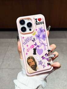 紫色花卉耶稣拼贴图案防震纹理皮革手机壳，兼容苹果17/16 Pro Max、14/13、16、12、11 Pro Max、XS Max、X、XR、8、7、14 Plus，适合作为生日礼物、送给女朋友、男朋友或自用。 - 粉色 - 查看 3