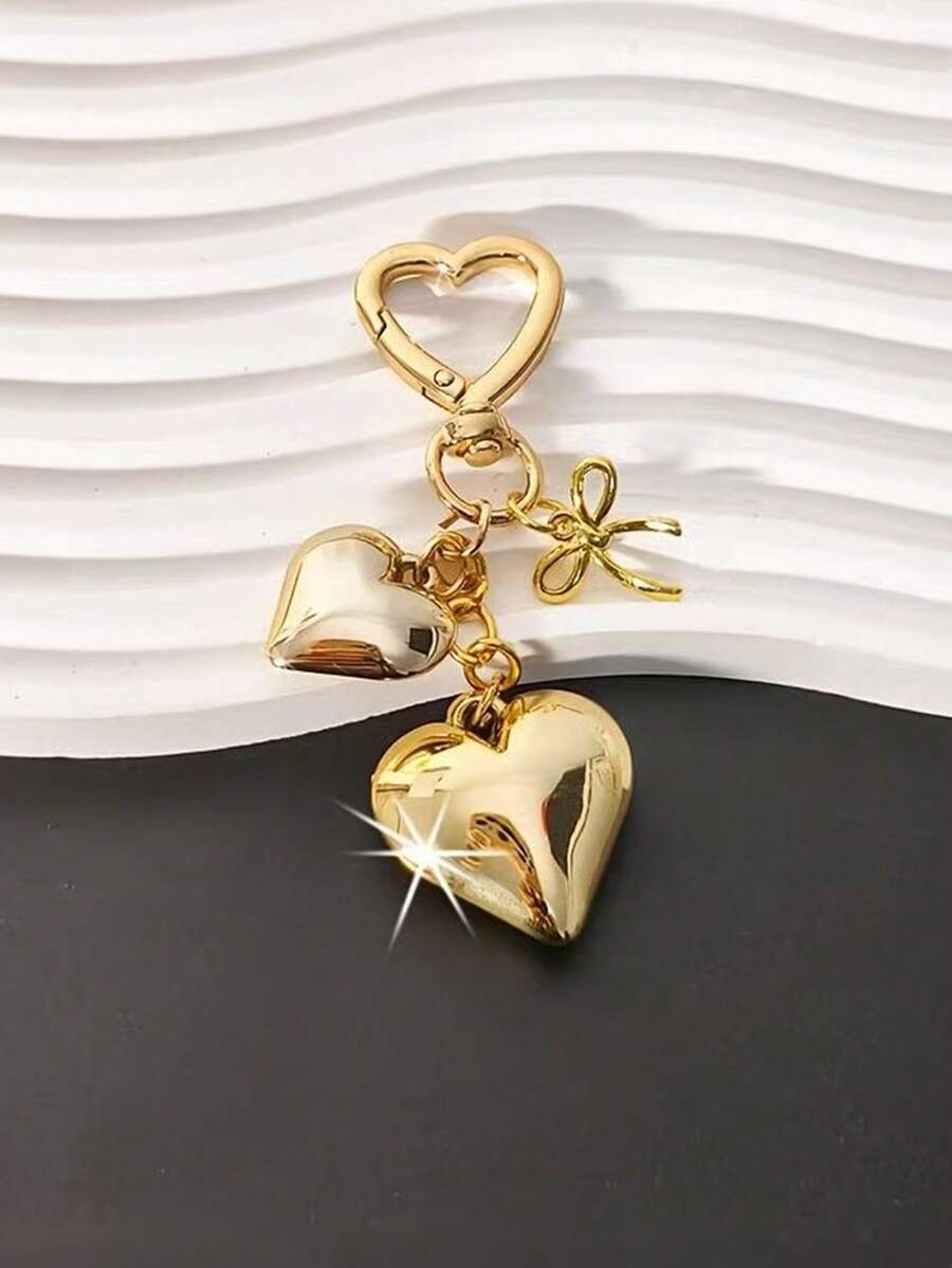 1pc Gold/Silver 3D Alloy Heart-Shaped Keychain Bow Keychain Bag Pendant Car Keychain Couple Keychain Suitable For Holiday Gifts Daily Wear Women's Jewelry, Car Key Pendants, Daily Wear Accessories, Bow Keychain, Elegant Design, Light Charm, Durable Metal, Gift Keychain, Heart-Shaped Keychain, Women's Fashion, Accessories Lovers, Valentine's Day Gifts, Christmas And New Year Gifts, Also An Ideal Gift For Women And Men - Multicolor - View 1