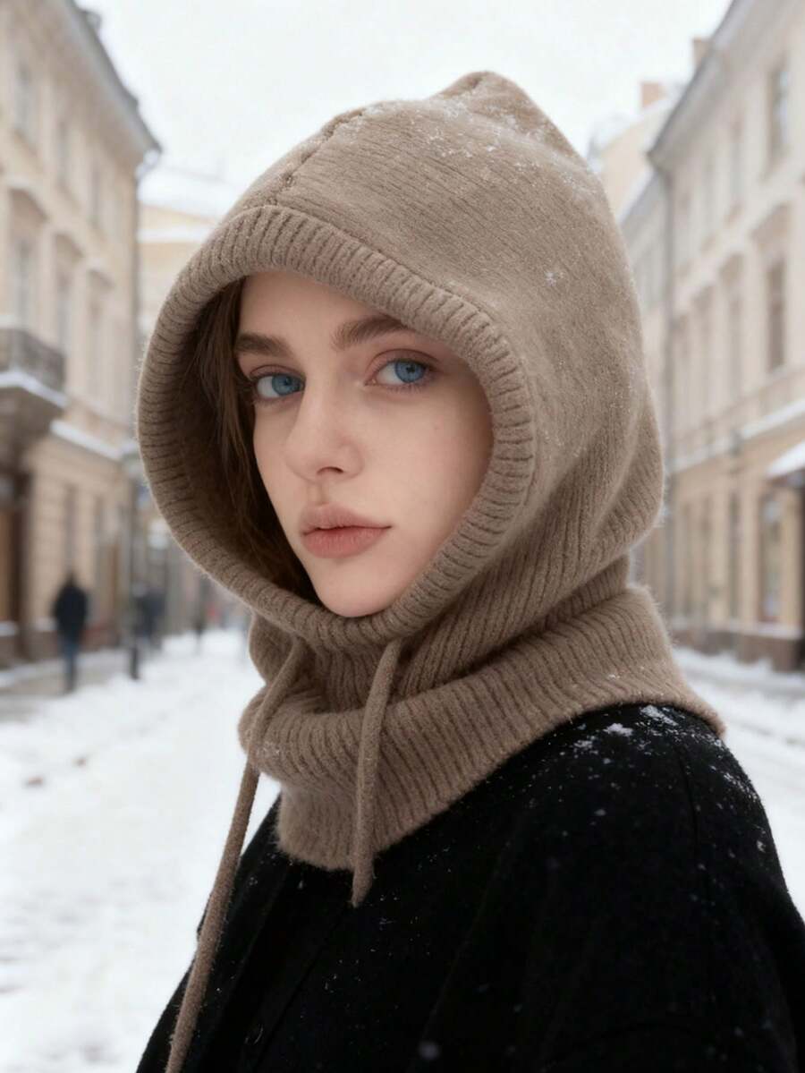 1 pezzo Balaclava da donna, cappuccio lavorato a maglia alla moda, berretto da sci con cordino, adatto per sci, strada, attività all'aperto, consegna di colore casuale - Multicolore - Visualizzare 1