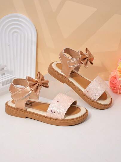 1 Pair Girls' Princess Style Sandals, Pink & Gold Glitter + Star Decor + Satin Bow, Synthetic Leather, Breathable Open Toe, Hook And Loop Closure, Flat Soft Sole, Suitable For Birthday Party/Summer Outing