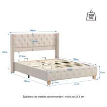 Upholstered Bed 140*190cm With Slatted Base And Headboard, Button And Rivet Upholstery, Wooden Legs, Linen, Beige - Beige + Linen - View 4