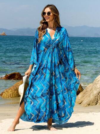 Abito lungo blu da donna con scollo a V e maniche a pipistrello, stile arabo, vestito ampio e comodo da casa, kaftan