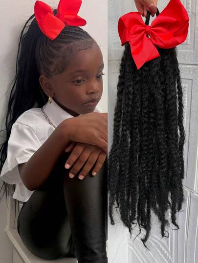  Afro Synthetic Kinky Crochet Hair With Colorful Bow Marly Braids Hair Extensions With Rubber Bands Heat Resistant Synthetic For Kids Faux Braid Wigs 1pc