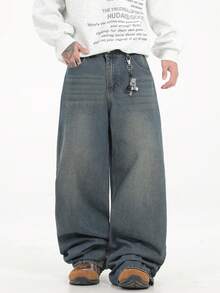 1pc Justice Brother Men's Loose Washed Denim Casual Baggy Wide Leg Jeans Pants (Belt And Accessories Not Included) - Dusty Blue - View 8