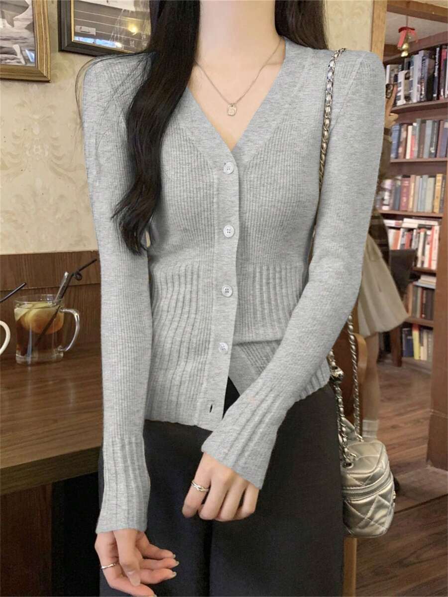 Women's Slim-Fit Gray Ribbed Knit Cardigan | V-Neck Button-Front Layering Top For Christmas Parties, Date Nights & Office Commutes - Light Gray - View 1