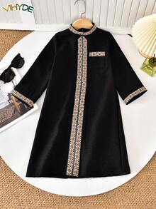 Vihyde 1pc Young Boy Middle Eastern Long Robe, Black With White & Orange Geometric Trim, Long Sleeve, Stand Collar, Pockets - Black - View 2