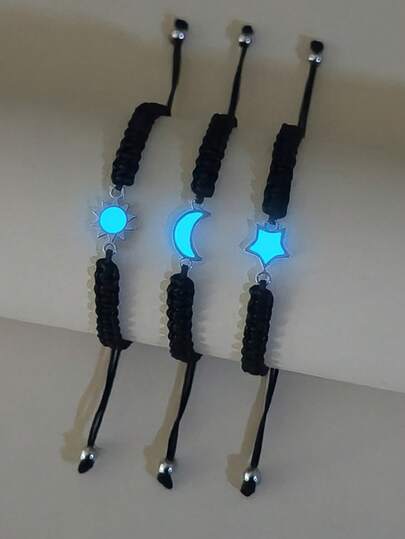 ATLVXJL 3pcs/Set Glow-In-The-Dark Couple/Friendship Stainless Steel Sun, Moon, Star Shaped Pendant Knotted Cord Bracelet Set, Casual Jewelry Suitable For Daily Wear And Holiday Gift