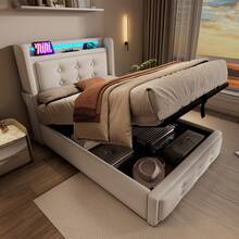 Upholstered Bed 90x200, Single Bed With LED Headboard And USB C Charging Function, Hydraulic Bed With Wooden Slatted Base And Metal Frame, Load Capacity 150 Kg, Beige, Cotton (Mattress Not Included) - Beige + Cotton Linen - View 1