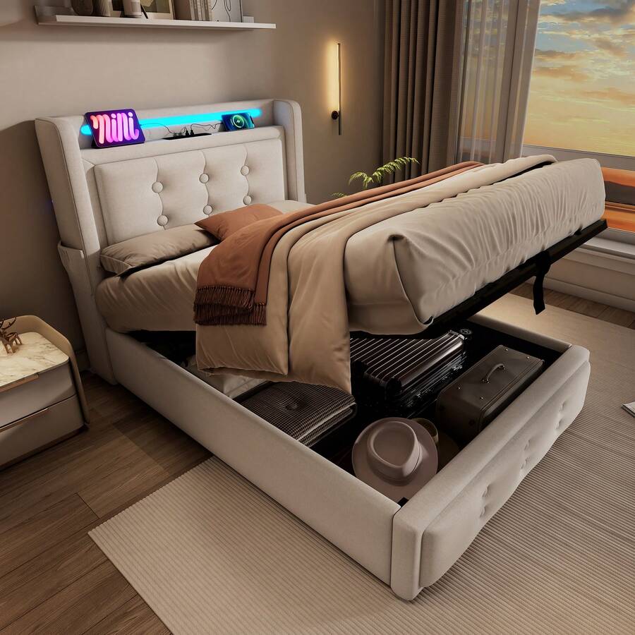 Upholstered Bed 90x200, Single Bed With LED Headboard And USB C Charging Function, Hydraulic Bed With Wooden Slatted Base And Metal Frame, Load Capacity 150 Kg, Beige, Cotton (Mattress Not Included) - Beige + Cotton Linen - View 1