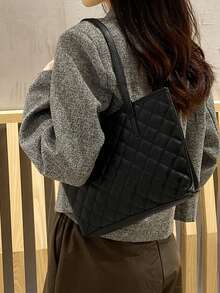 新款时尚女士休闲手提包，菱形刺绣包，简约托特单肩包，百搭 - 黑色 - 查看 6