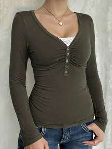 Women's T-Shirt Y2K Fall Clothes Casual Daily Sexy Solid Color Lace Contrasting Color Slim Long Sleeve V-Neck Top - 軍綠色 - 查看 9