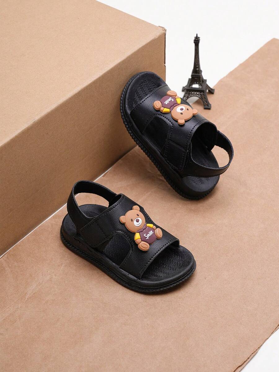 1双儿童流行卡通魔术贴软底防滑凉鞋，时尚男女童款 - 黑色 - 查看 1