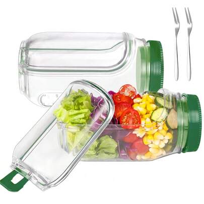 Salad Pod Mason Jar Side Open Leakproof Dressing Container, Convertible Lid-To-Bowl & Side-Opening Design Reusable Salad Pod Jar For Lunch & Meal Prep (7.5"X4"X3.5") GREEN