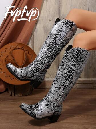 FVPFVP Inspired Embroidered Boots, European & American New Style Chunky Heel Increased Height Retro Knee-High Cowboy Boots For Women,