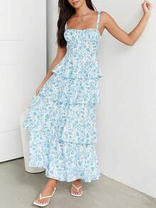 Women's Spaghetti Strap Sleeveless Ruffle Tiered Floral Maxi Dress For A Summer Romance - Màu xanh lam - Xem 3