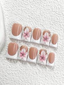 10Pcs/Set Pure White And Simple Girl Handmade Acrylic Nail Tips With French Designs,3D Pink Gradient Glamorous Floral Elements Manicure, Includes Nail Tools,3 Sizes Available,Almond Nails , Duck Nails,Coffin Nails For Party, Dance, Daily Wear. - Multicolor - View 3