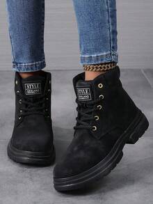 Damen Outdoor Knöchelstiefel, Veloursleder, Lässig & Bequem, einfarbige Mode Stiefel, geeignet für Herbst/Winter, ganzjährig, rutschfest, runde Zehenform, Retro, Schnürung, Sportschnürung mit Metalleyelets, Hausschuhe - Schwarz - Übersicht 2