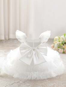 Baby Girls V-Neck Bow Ruffle Mesh Cute Wedding Dress, Suitable For Birthday Party, Excluding Headband - White - View 2