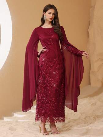 Women's Elegant Embroidered Mesh Flare Sleeve Fitted Dress, Spring/Autumn