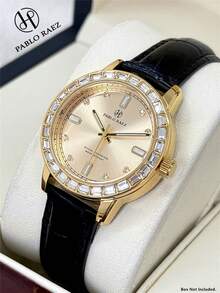 Pablo Raez 1pc 18K Gold Ladies Watches Luxury Vintage Women Dress Wristwatch Summer Accessories Jewelry Square Crystal Fantasy Original Charming Watches Fashionable Rectangle Rhinestones Stainless Steel IPG Golden Non Tarnish Plated Color Metal Case Elegant Top Brand New Shinning Rhinestones Design - one-size - View 2