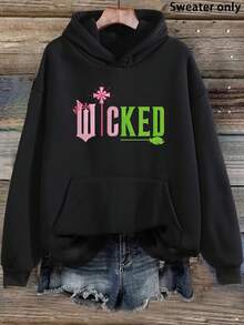 [Plus-Size Sports Sweatshirt]Women's Hoodie With 'WICKED' Text And Star Design- Black Casual Pullover With Pockets, Geometric Pattern, Long Sleeves And Hood, Suitable For Autumn And Winter, Casual Wear Hoodie |   Fashionable Casual Hoodie |   Comfortable Fit Hoodie |   Relaxed Fit |   Plus Size - 黑色 - 查看 1