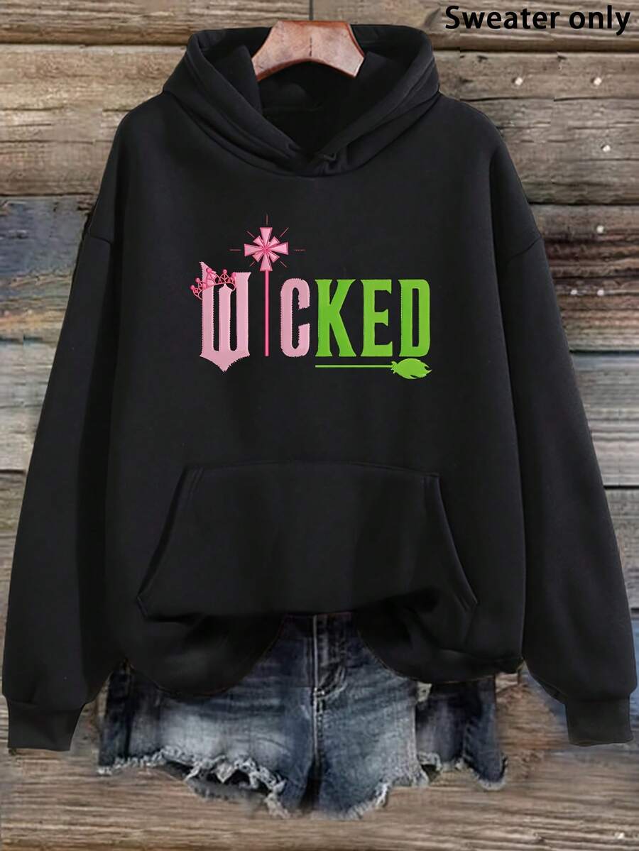 [Plus-Size Sports Sweatshirt]Women's Hoodie With 'WICKED' Text And Star Design- Black Casual Pullover With Pockets, Geometric Pattern, Long Sleeves And Hood, Suitable For Autumn And Winter, Casual Wear Hoodie |   Fashionable Casual Hoodie |   Comfortable Fit Hoodie |   Relaxed Fit |   Plus Size - 黑色 - 查看 1